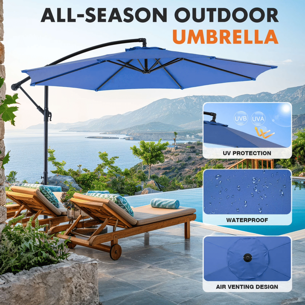 Blue Cantilever Patio Umbrella with Adjustable Angle