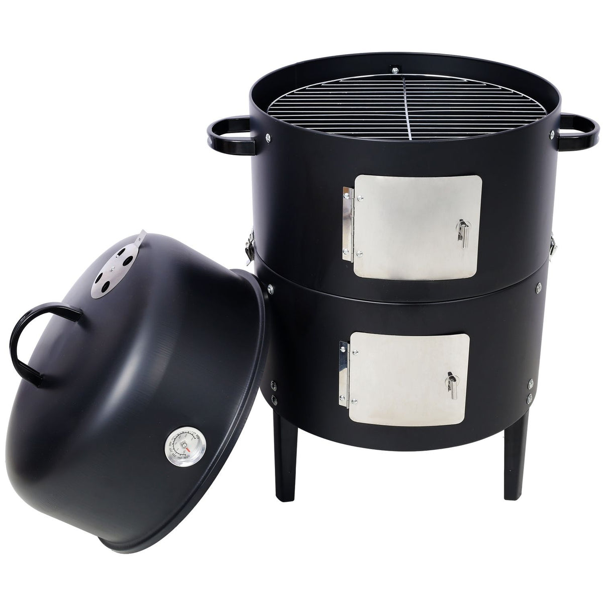 Round Charcoal Smoker and Grill with Dual Access Doors