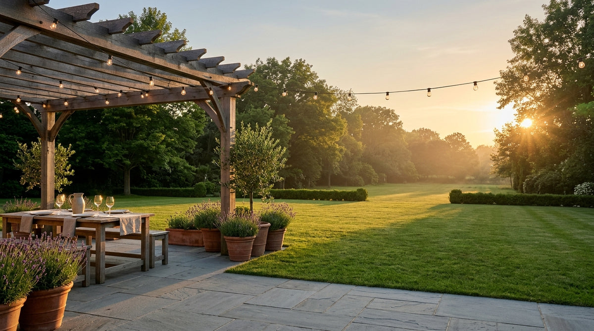 A pergola terrace at golden hour with a laid table, string lights and a lawn beyond