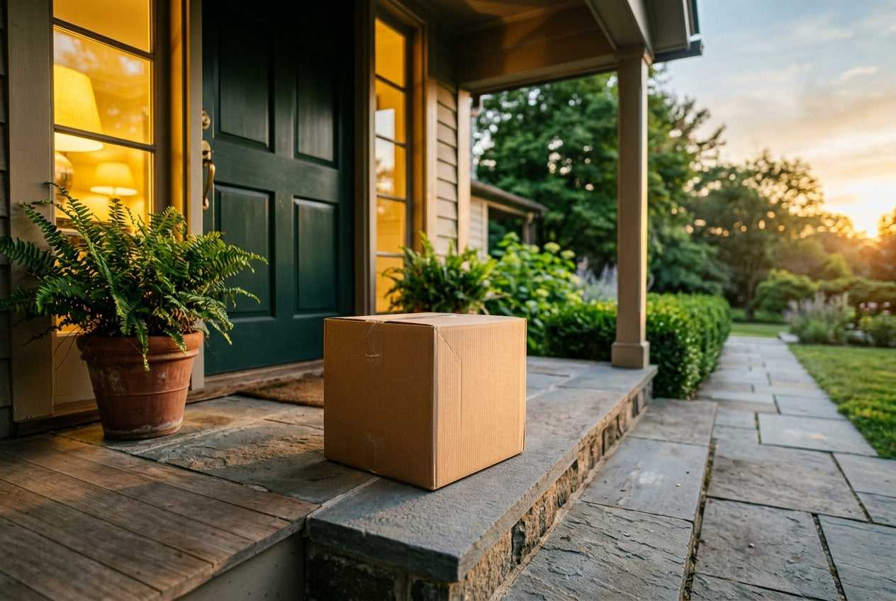 An unbranded parcel on a front porch step at dusk beside a green door and a potted fern