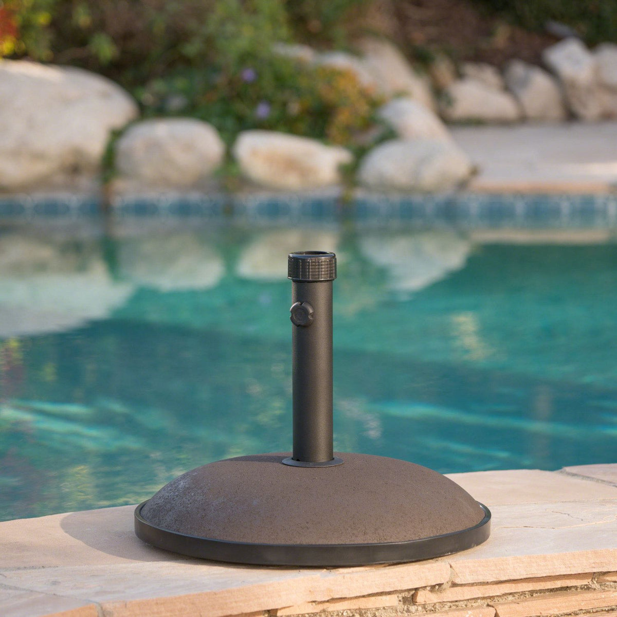 Round Brown Patio Umbrella Base with Black Support Pole