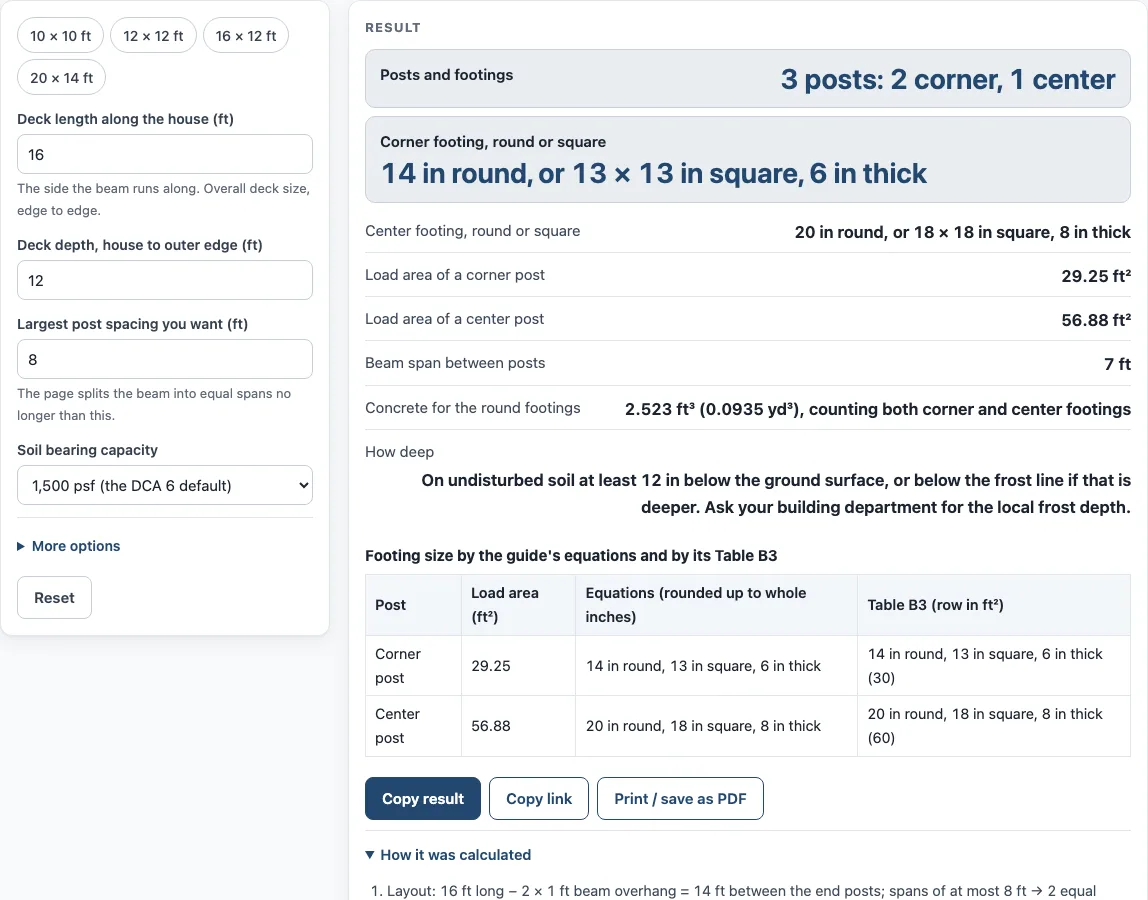 Deck footing calculator example