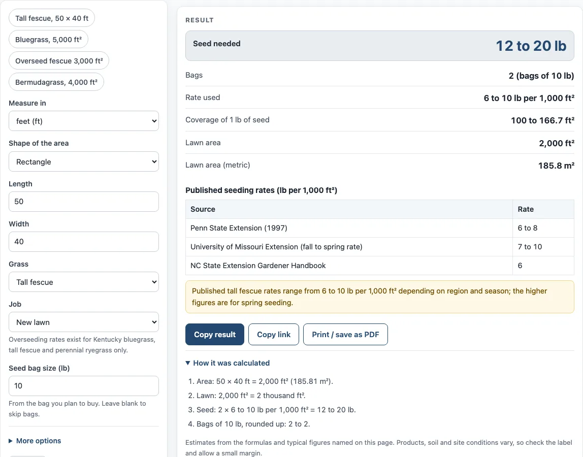Grass seed calculator example