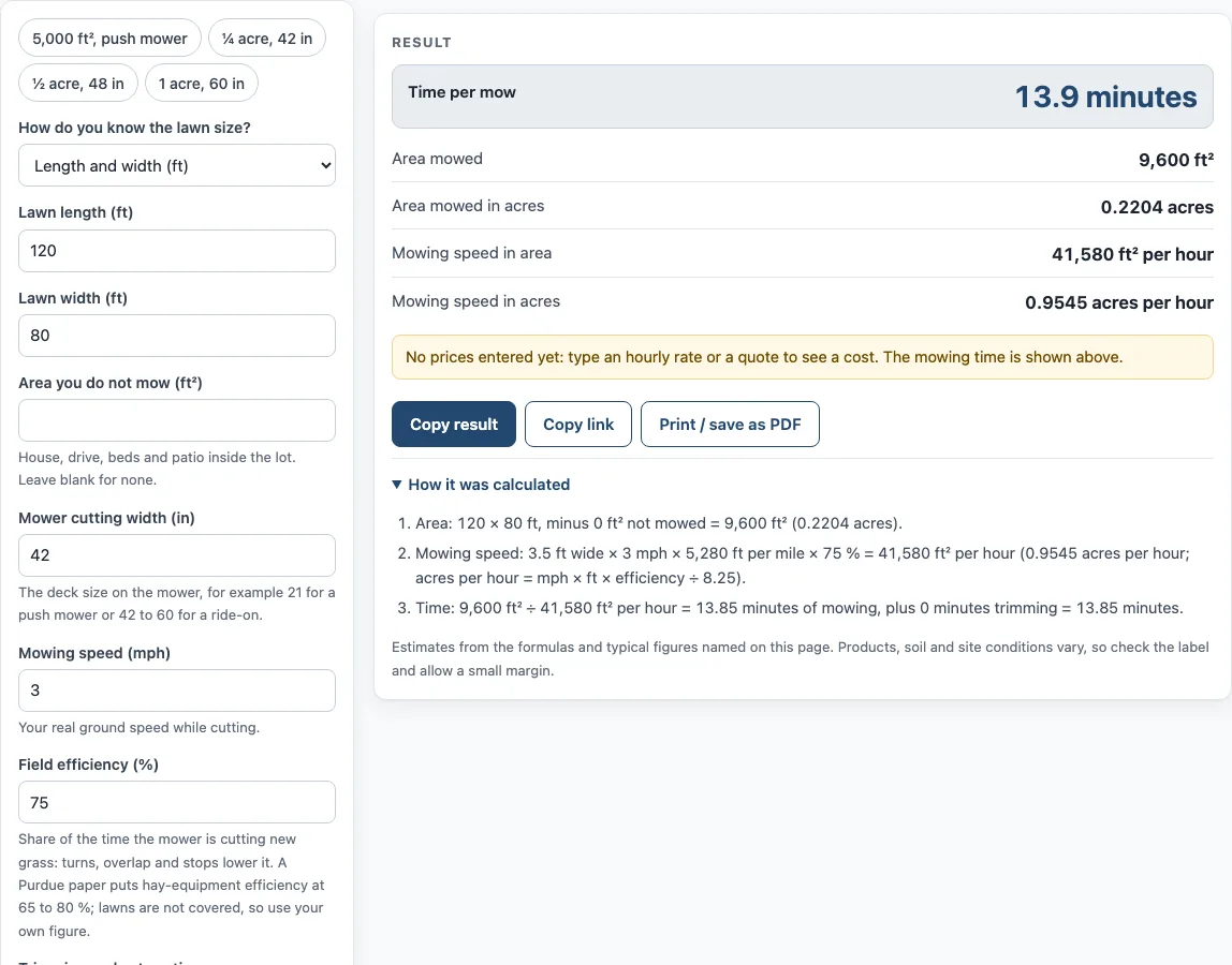 Lawn mowing cost calculator example