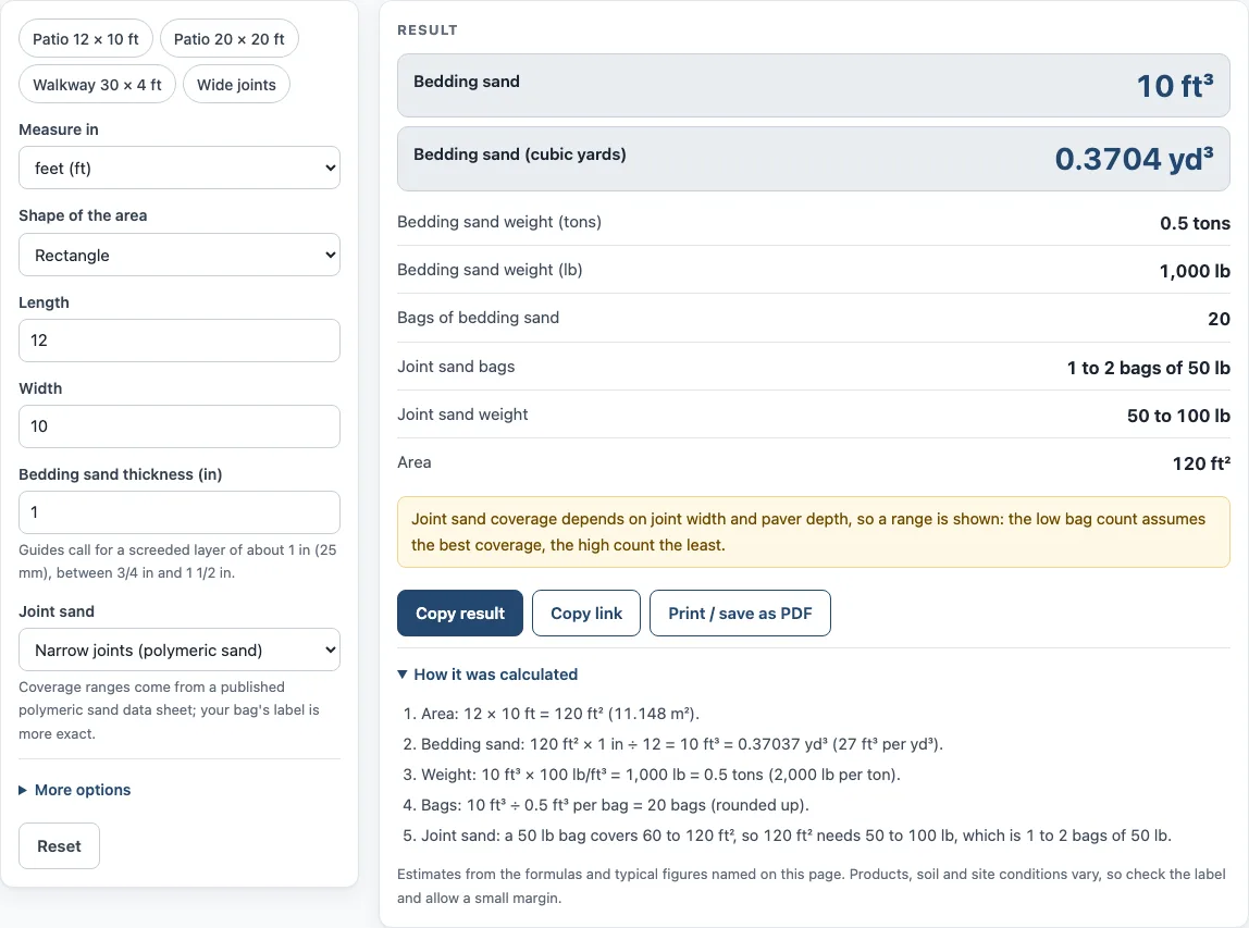 Paver sand calculator example